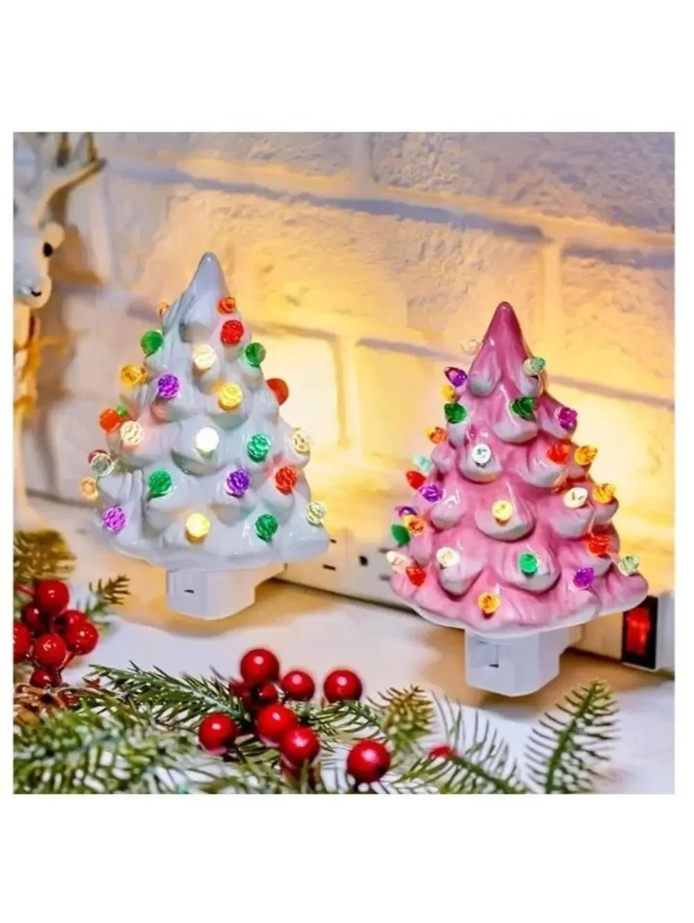Christmas tree ceramic plugin nightlight pink and white